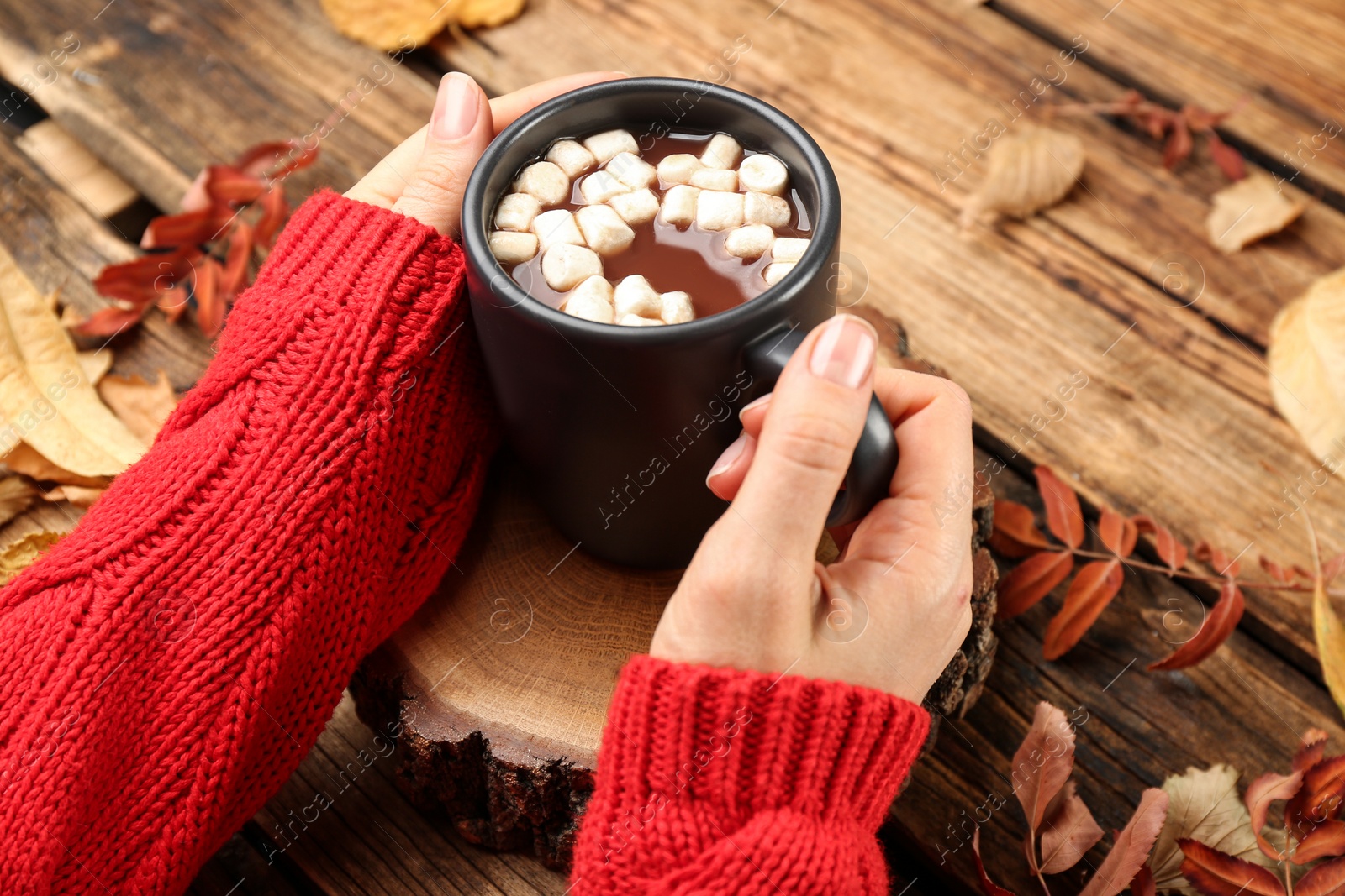 Photo of Woman with cup of hot drink at wooden table, closeup. Cozy autumn atmosphere