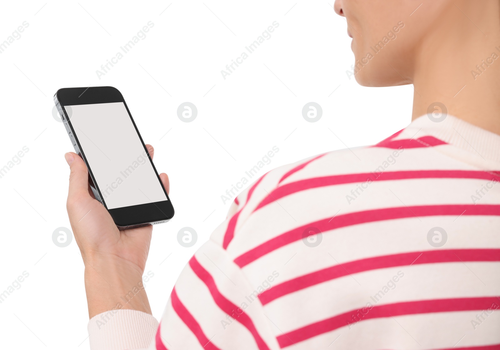 Photo of Woman holding smartphone with blank screen on white background, closeup. Mockup for design