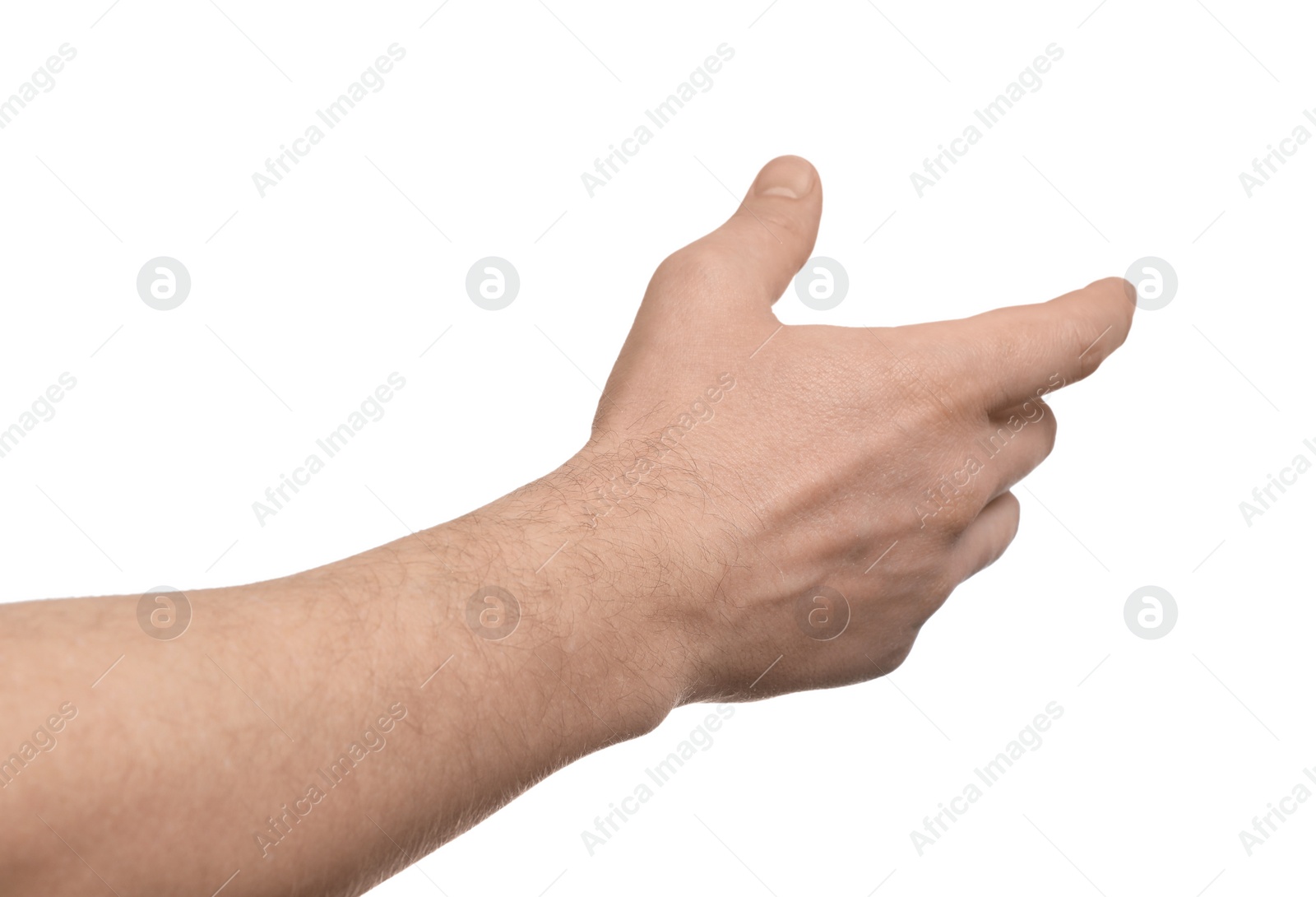 Photo of Man holding something in hand on white background, closeup