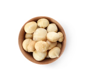 Photo of Bowl with shelled organic Macadamia nuts on white background, top view