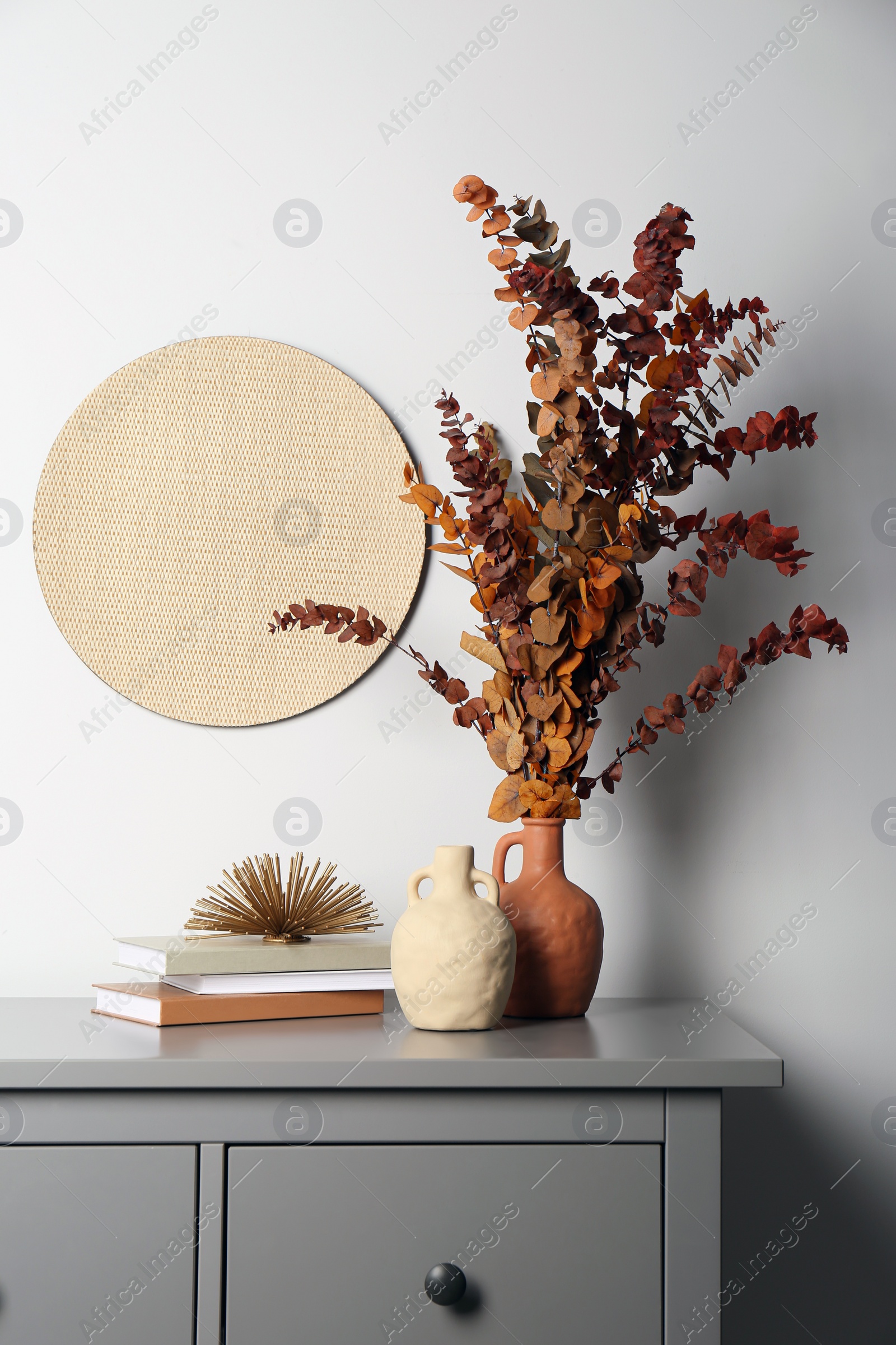 Photo of Stylish vases, dried eucalyptus branches and books on chest of drawers near white wall indoors. Interior design