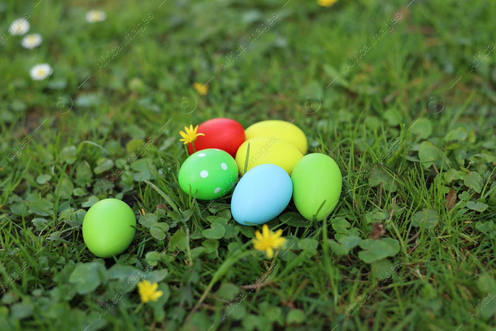 Photo of Easter celebration. Painted eggs on green grass