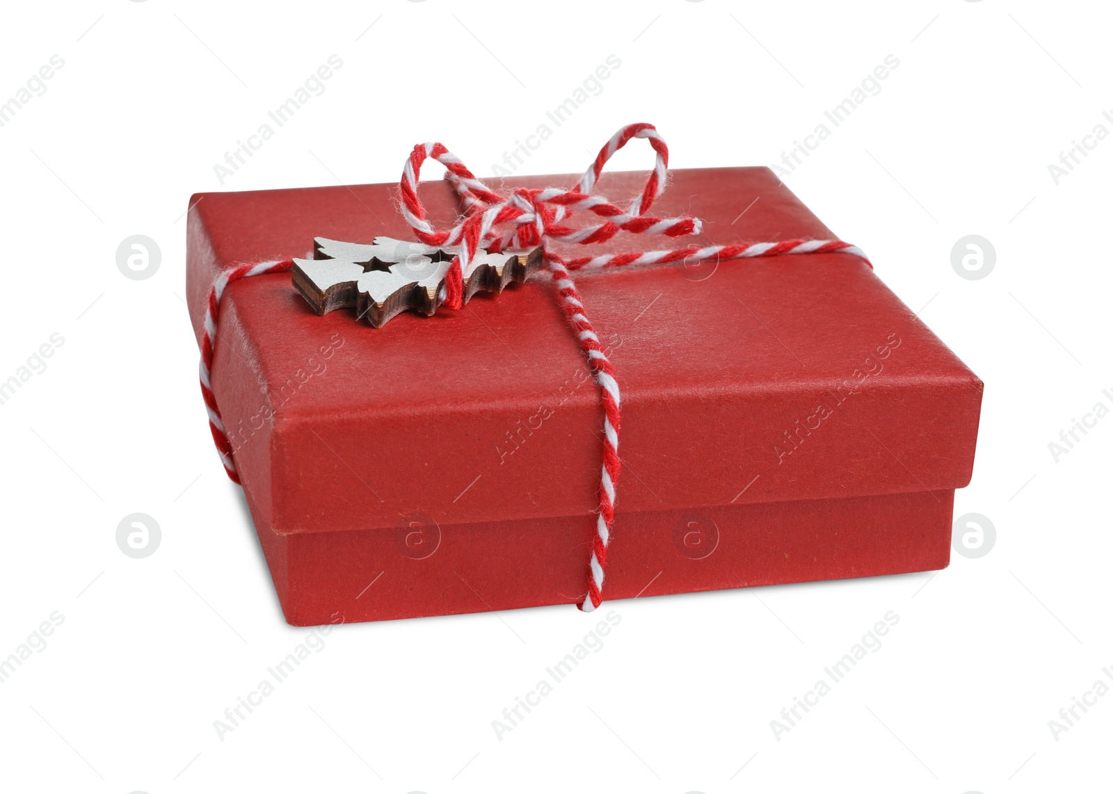 Photo of Christmas gift. Decorated box on white background