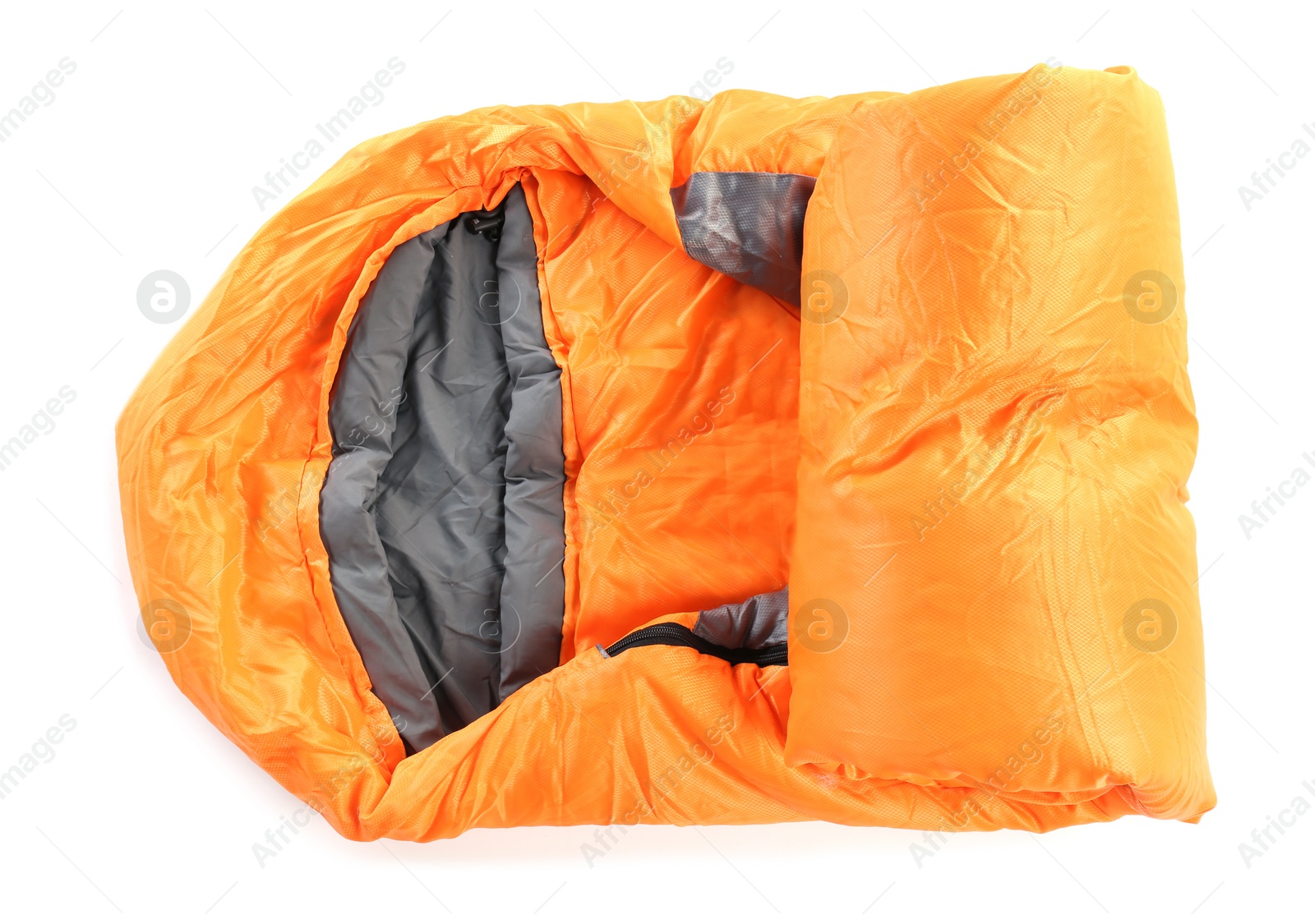 Photo of Sleeping bag on white background, top view. Camping equipment