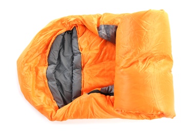 Sleeping bag on white background, top view. Camping equipment