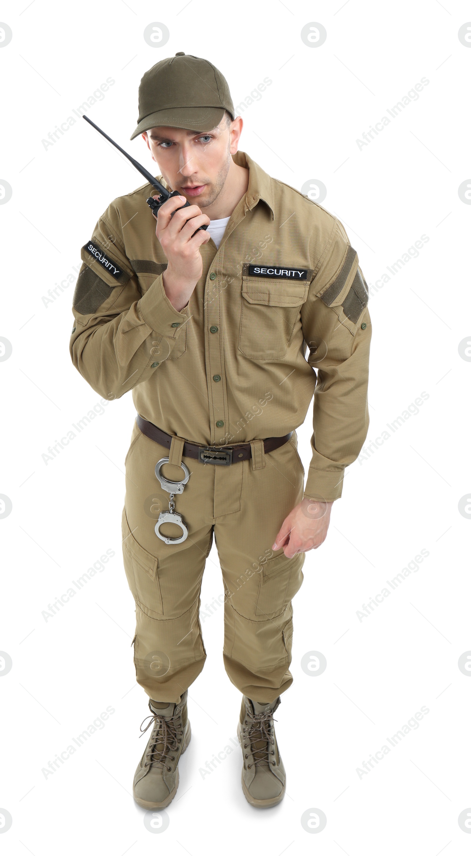 Photo of Male security guard using portable radio transmitter on white background