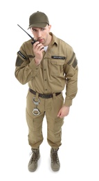 Photo of Male security guard using portable radio transmitter on white background