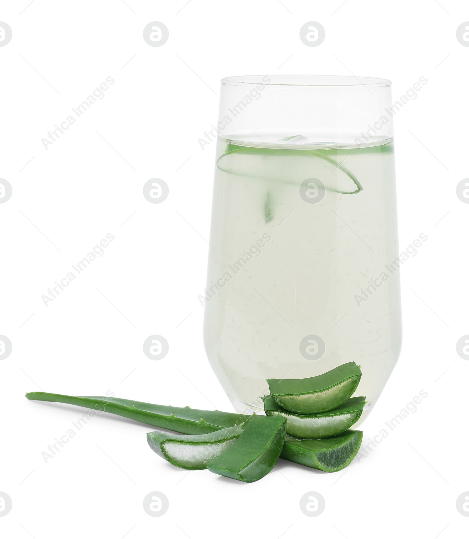 Photo of Tasty aloe juice in glass and cut fresh leaves isolated on white