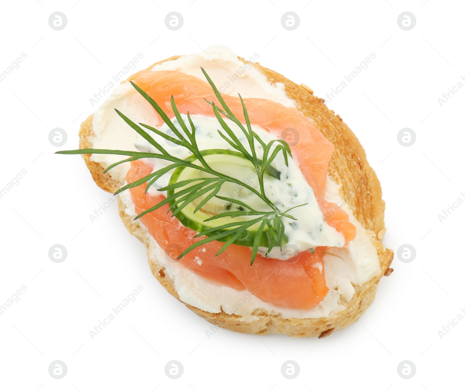 Photo of Tasty canape with salmon, cucumber, cream cheese and dill isolated on white, top view