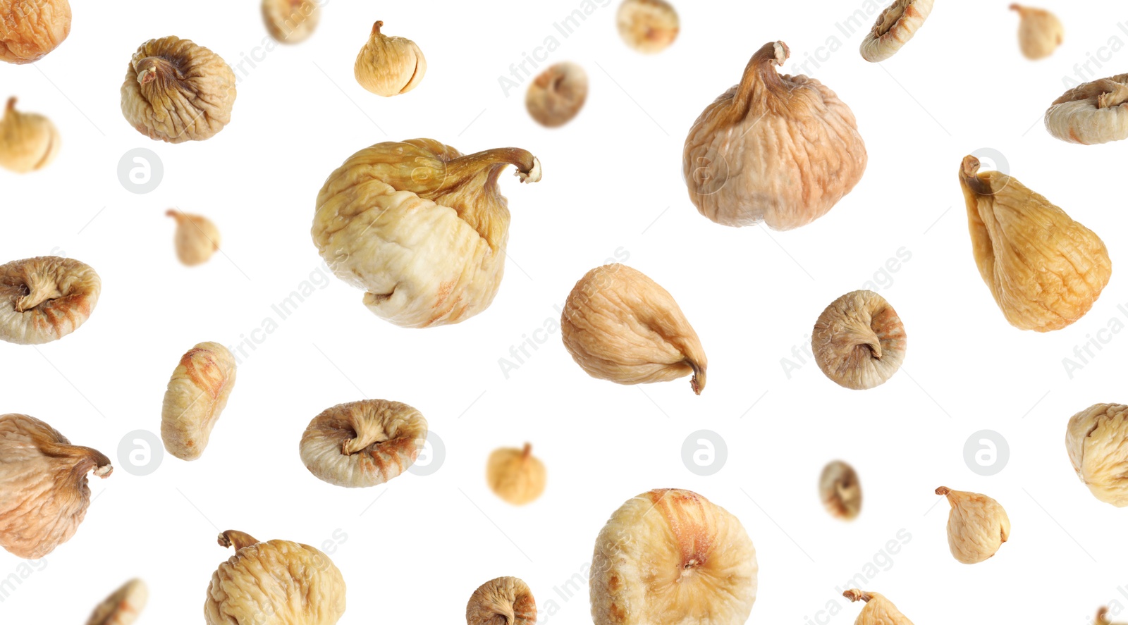 Image of Dried fig fruits falling on white background. Banner design