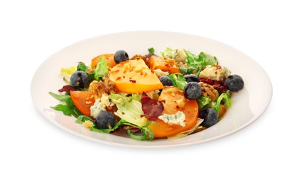 Photo of Delicious persimmon salad with blueberries and arugula isolated on white