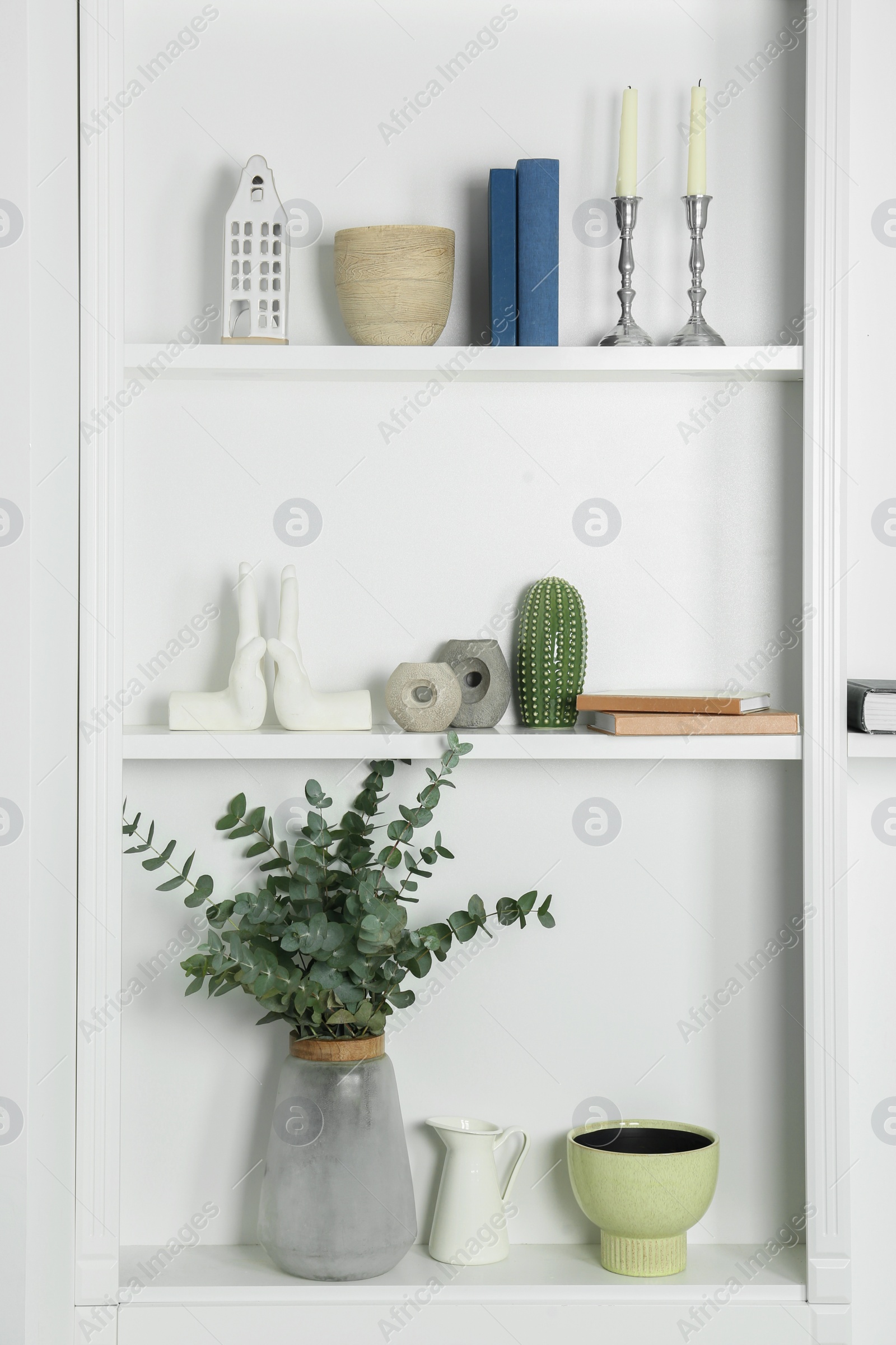 Photo of White shelves with books, eucalyptus and different decor indoors. Interior design