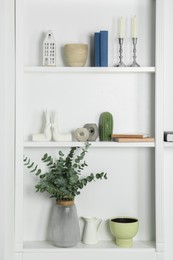 White shelves with books, eucalyptus and different decor indoors. Interior design