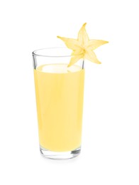 Delicious carambola juice in glass on white background