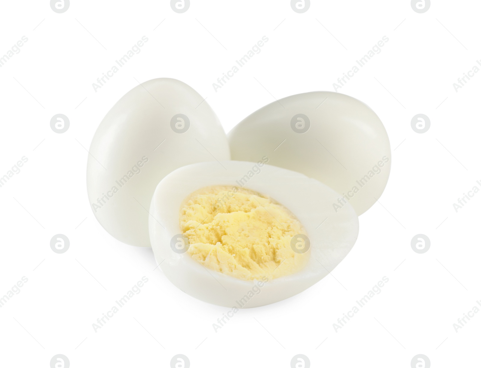 Photo of Peeled hard boiled quail eggs on white background