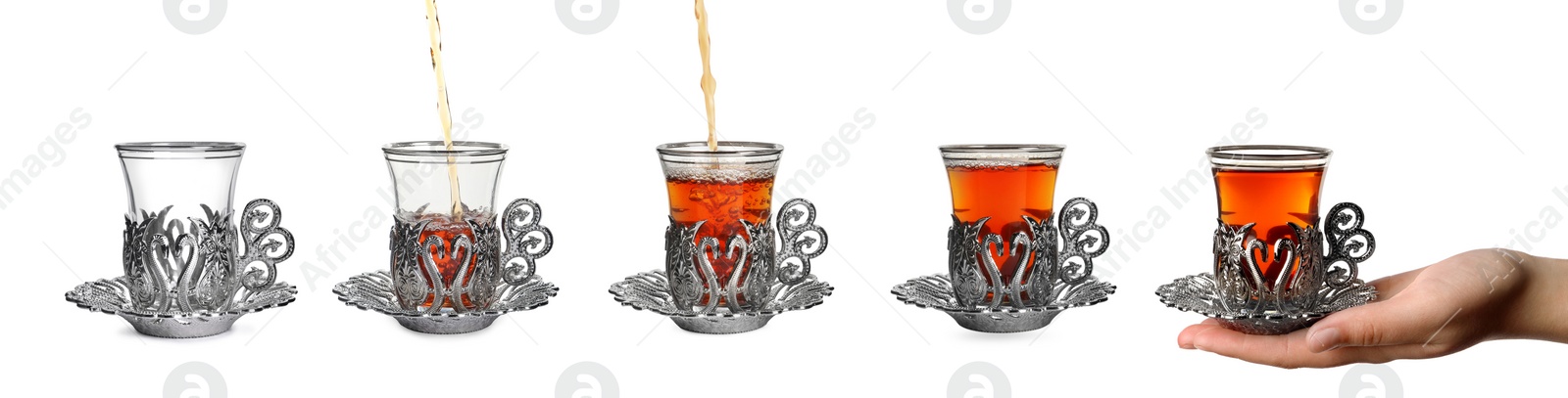 Image of Collage with photos of glasses with traditional Turkish tea in vintage holders on white background. Banner design. Banner design