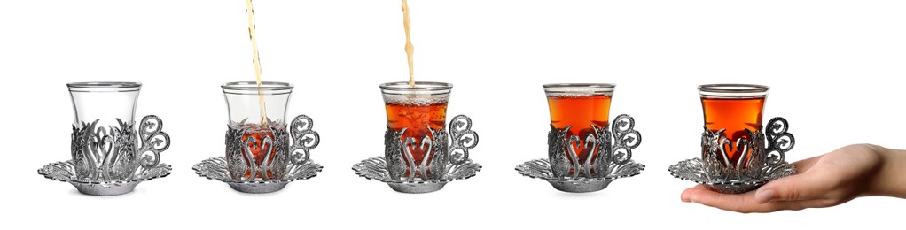 Image of Collage with photos of glasses with traditional Turkish tea in vintage holders on white background. Banner design. Banner design