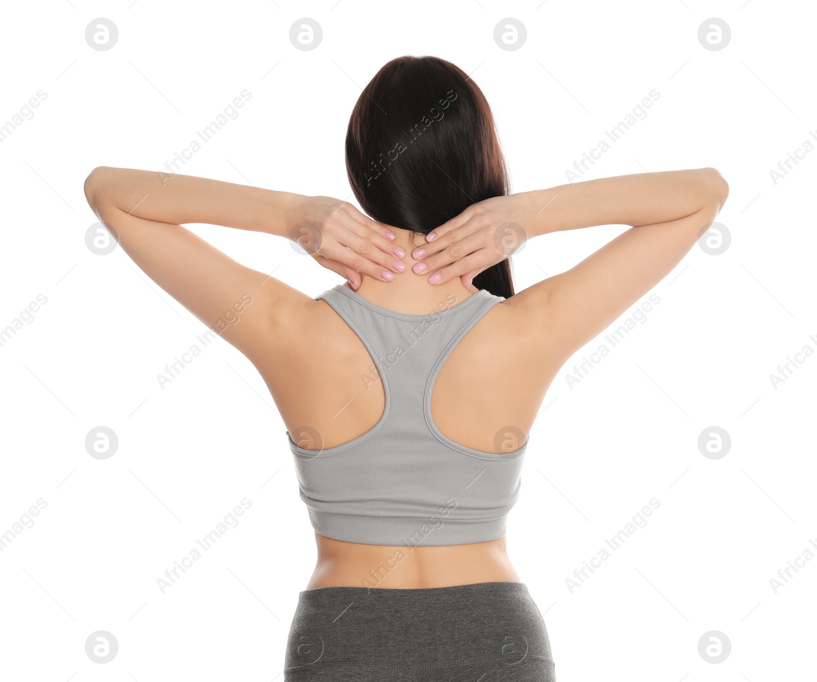 Photo of Woman suffering from pain in neck on white background. Visiting orthopedist