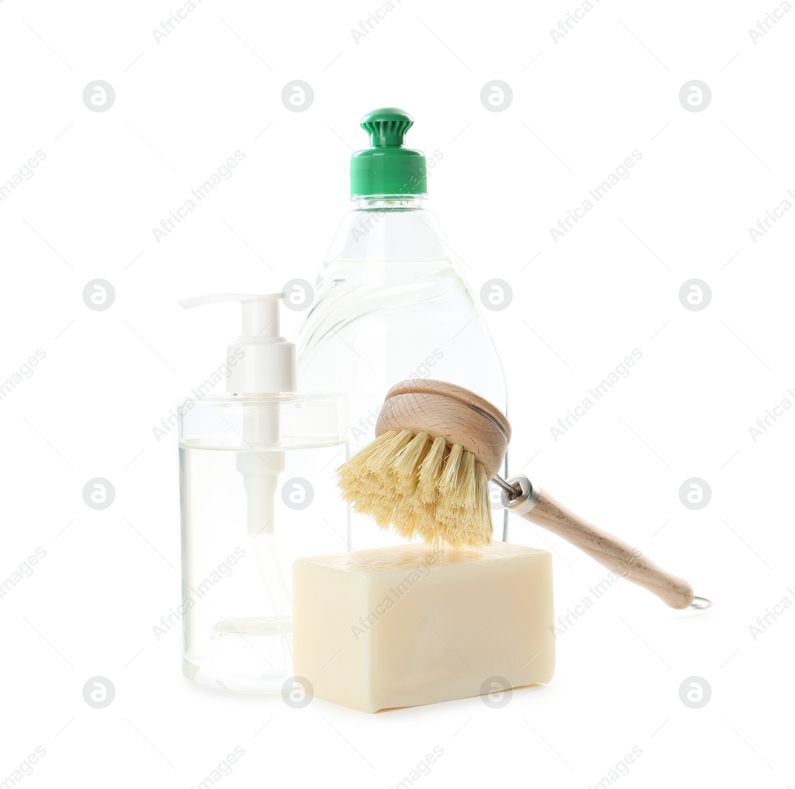 Photo of Cleaning supplies for dish washing on white background