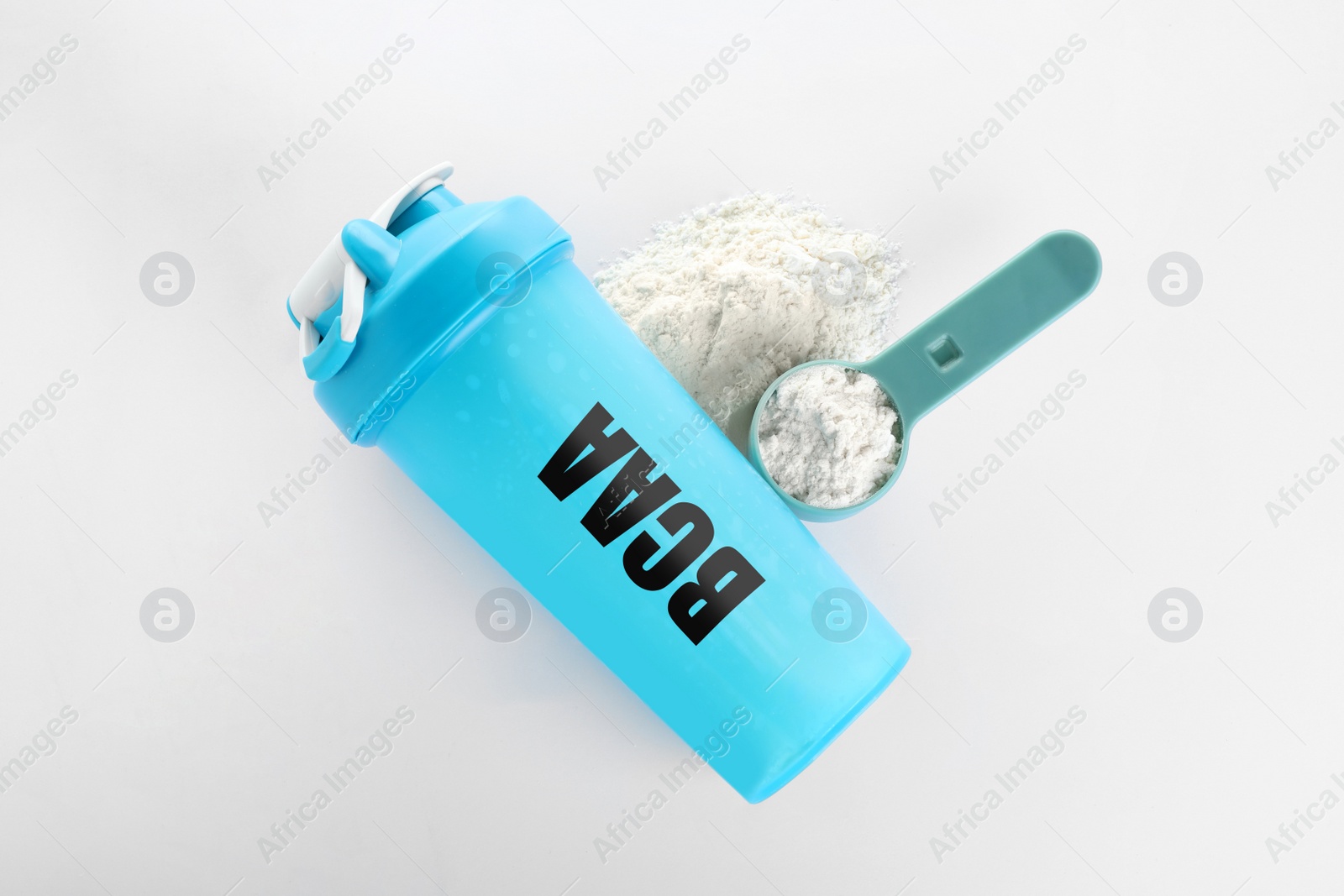 Image of Shaker with abbreviation BCAA (Branched-chain amino acid) and powder on white background, flat lay 