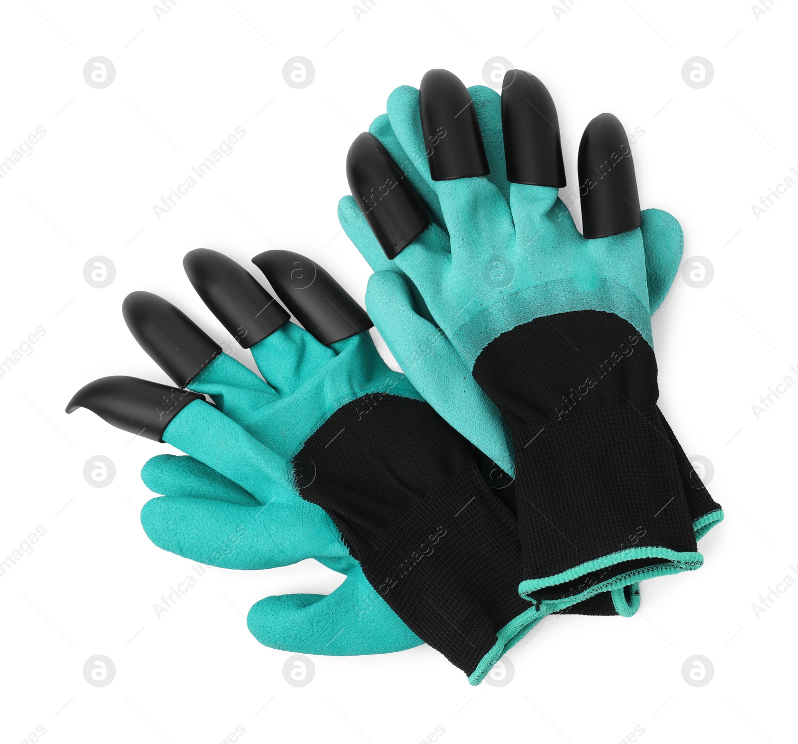 Photo of Pair of claw gardening gloves isolated on white, top view