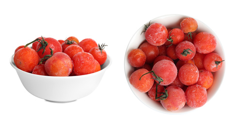 Image of Frozen tomatoes in bowls on white background. Vegetable preservation