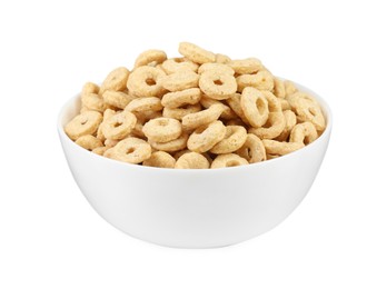 Photo of Bowl of sweet crispy corn rings on white background. Breakfast cereal