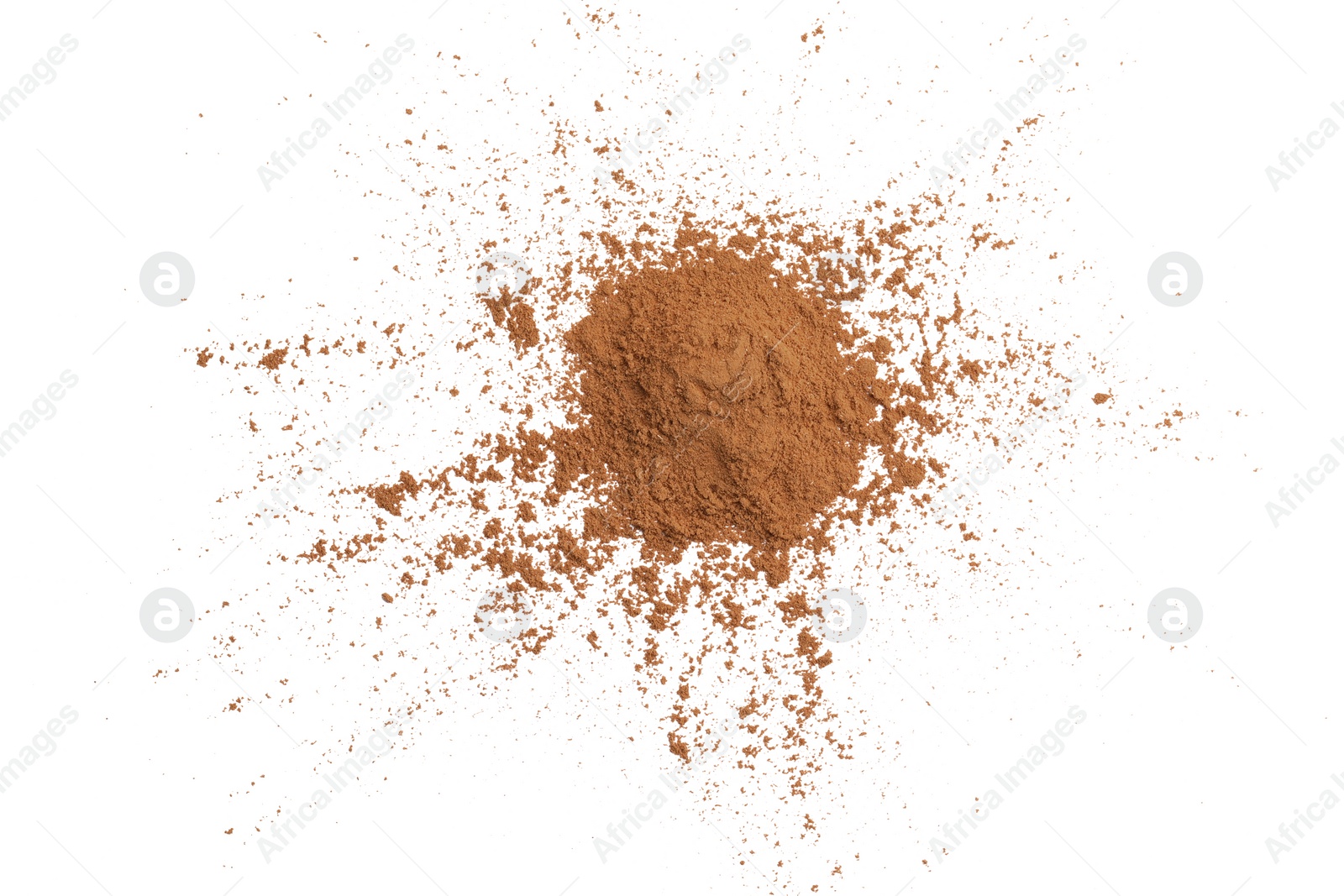 Photo of Dry aromatic cinnamon powder isolated on white, top view