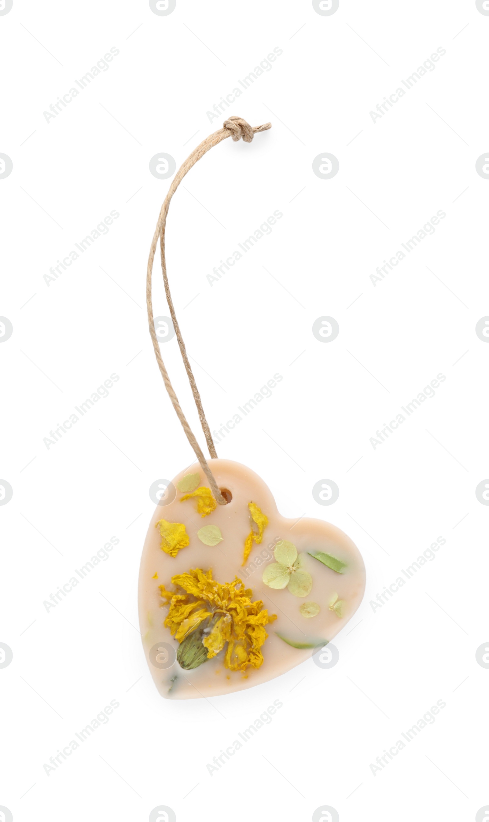 Photo of Beautiful scented sachet with flowers isolated on white