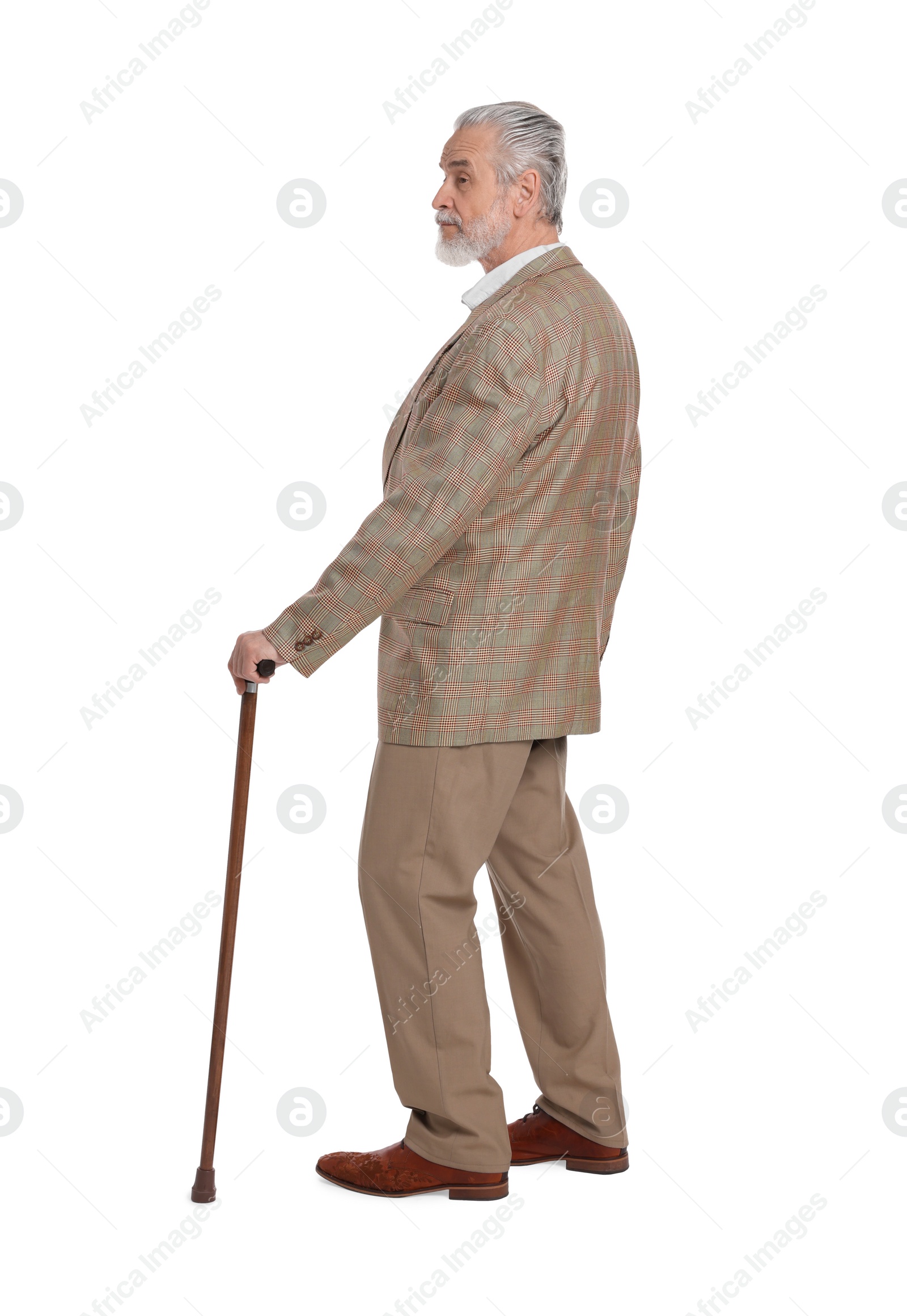 Photo of Senior man with walking cane on white background