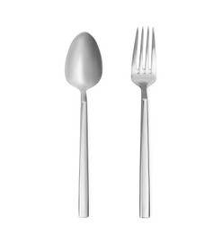 Shiny silver spoon and fork on white background, top view