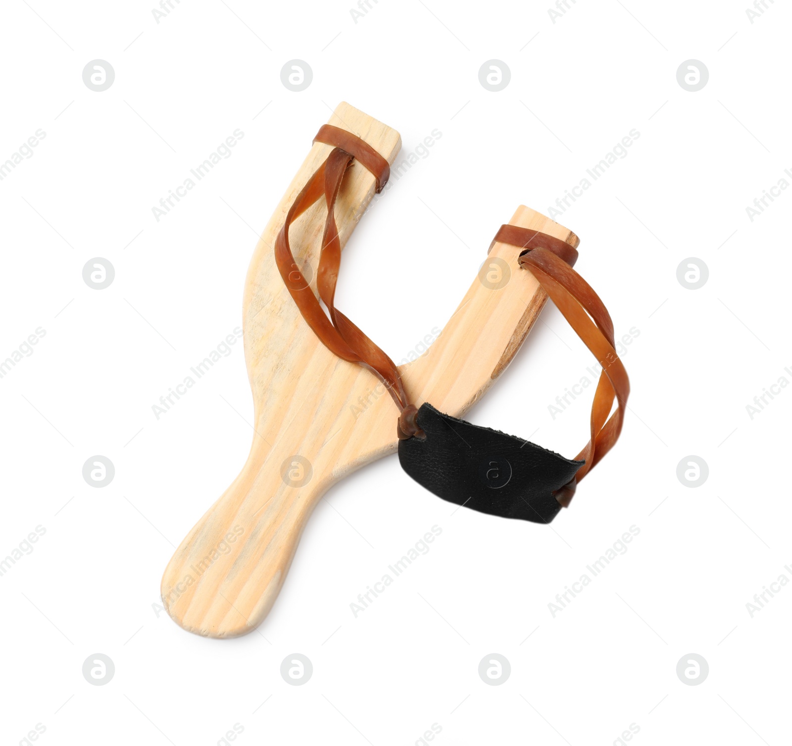 Photo of One wooden slingshot with leather pouch isolated on white, top view