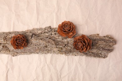 Photo of Tree bark piece and cones on beige crumpled paper, top view. Space for text