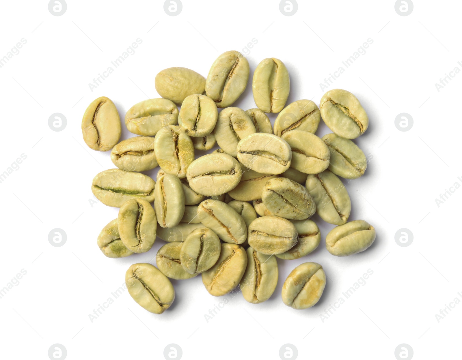 Photo of Green coffee beans on white background, top view