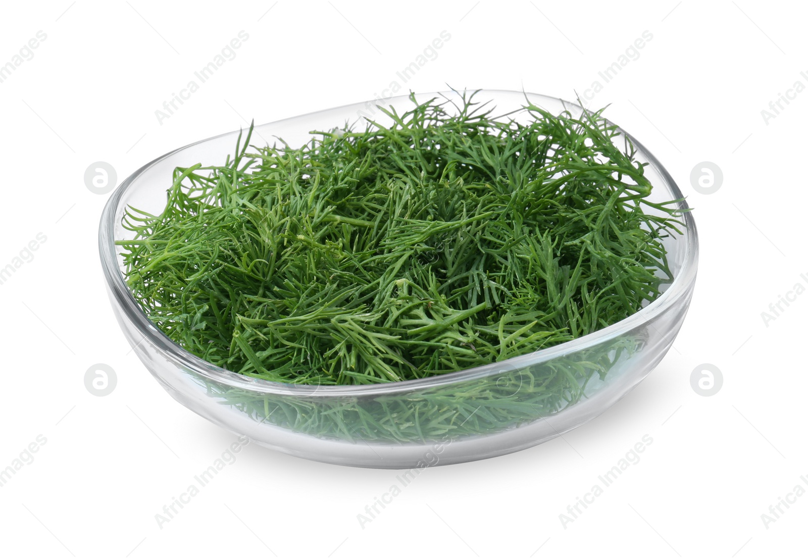 Photo of Glass bowl of fresh dill isolated on white
