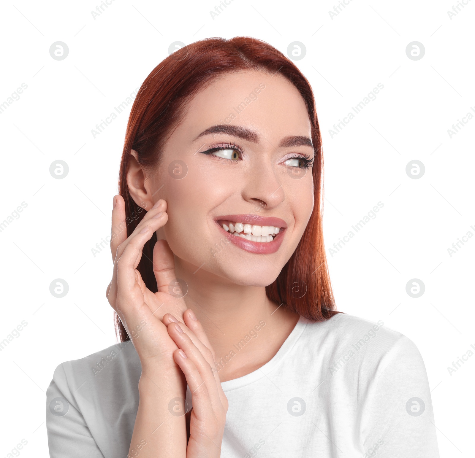 Photo of Happy woman with red dyed hair on white background