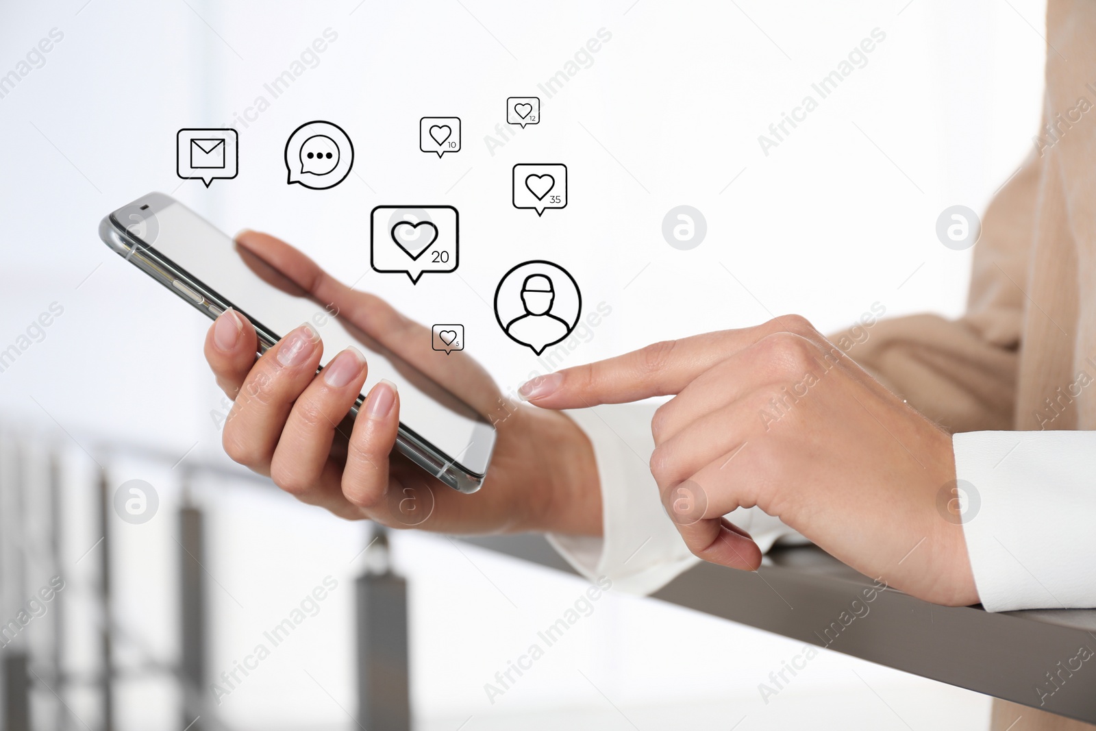 Image of Different virtual icons and young woman using smartphone indoors, closeup. SMM (Social media marketing) concept