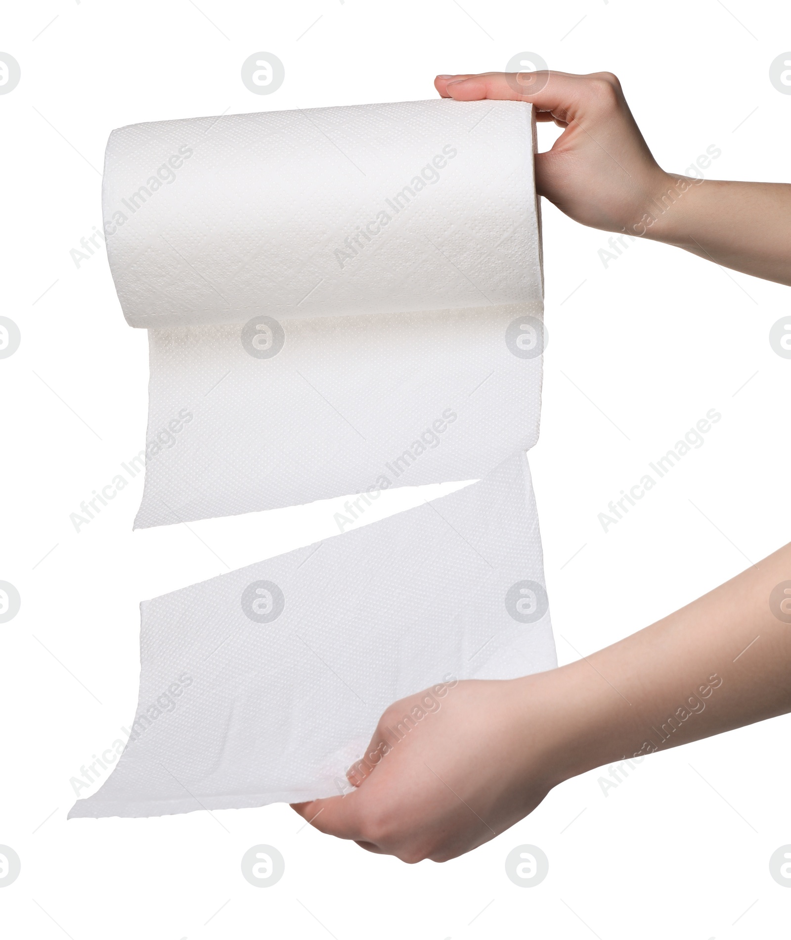 Photo of Woman tearing paper towels on white background, closeup