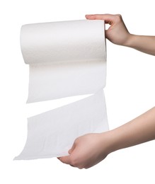 Photo of Woman tearing paper towels on white background, closeup