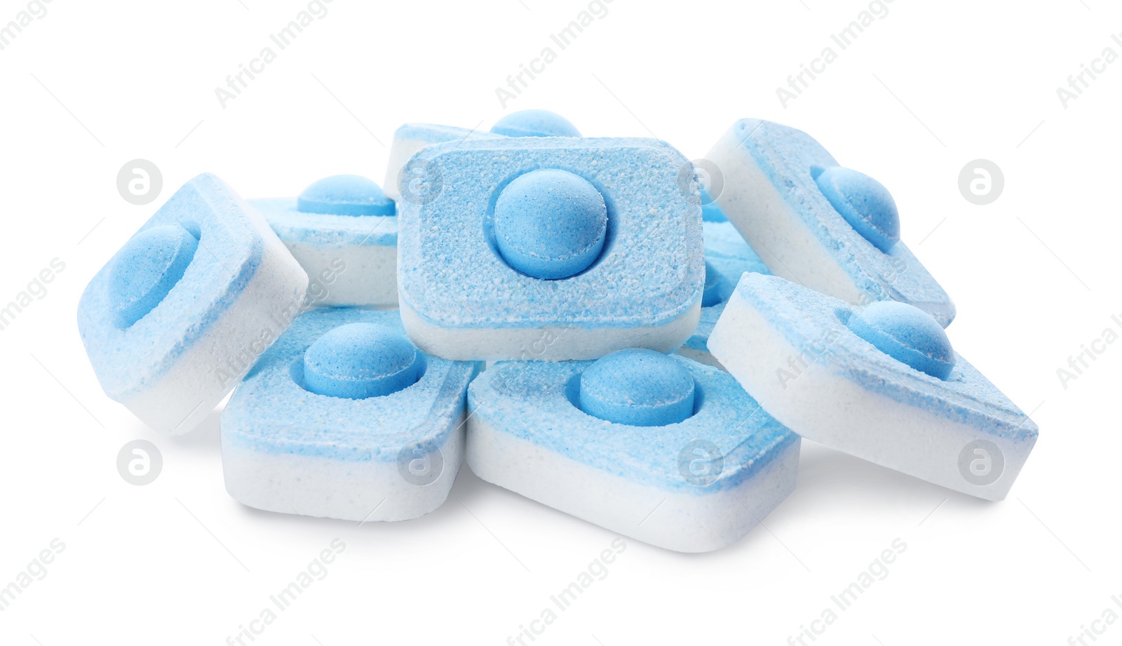 Photo of Pile of water softener tablets isolated on white
