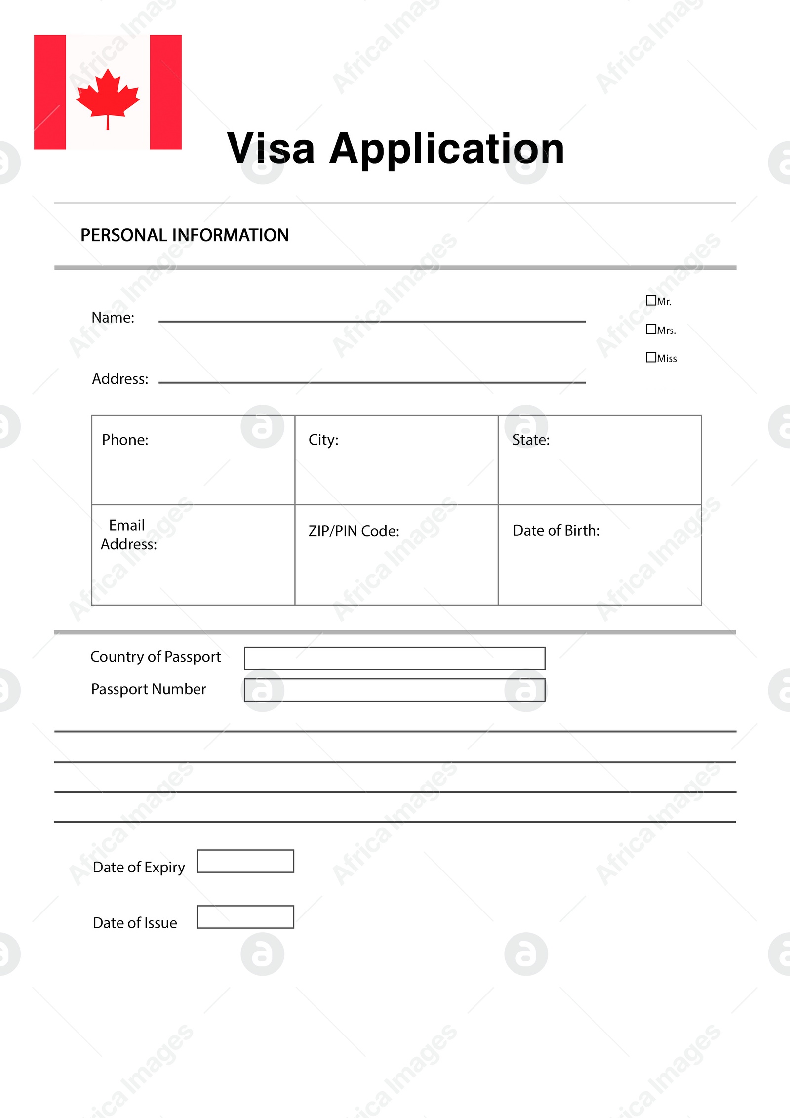 Illustration of Immigration to Canada. Blank application visa form