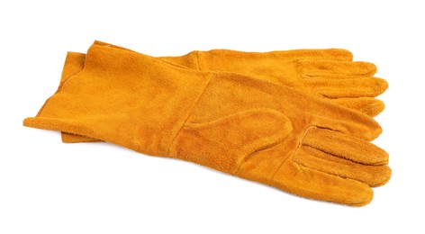 Photo of Orange protective gloves on white background. Safety equipment