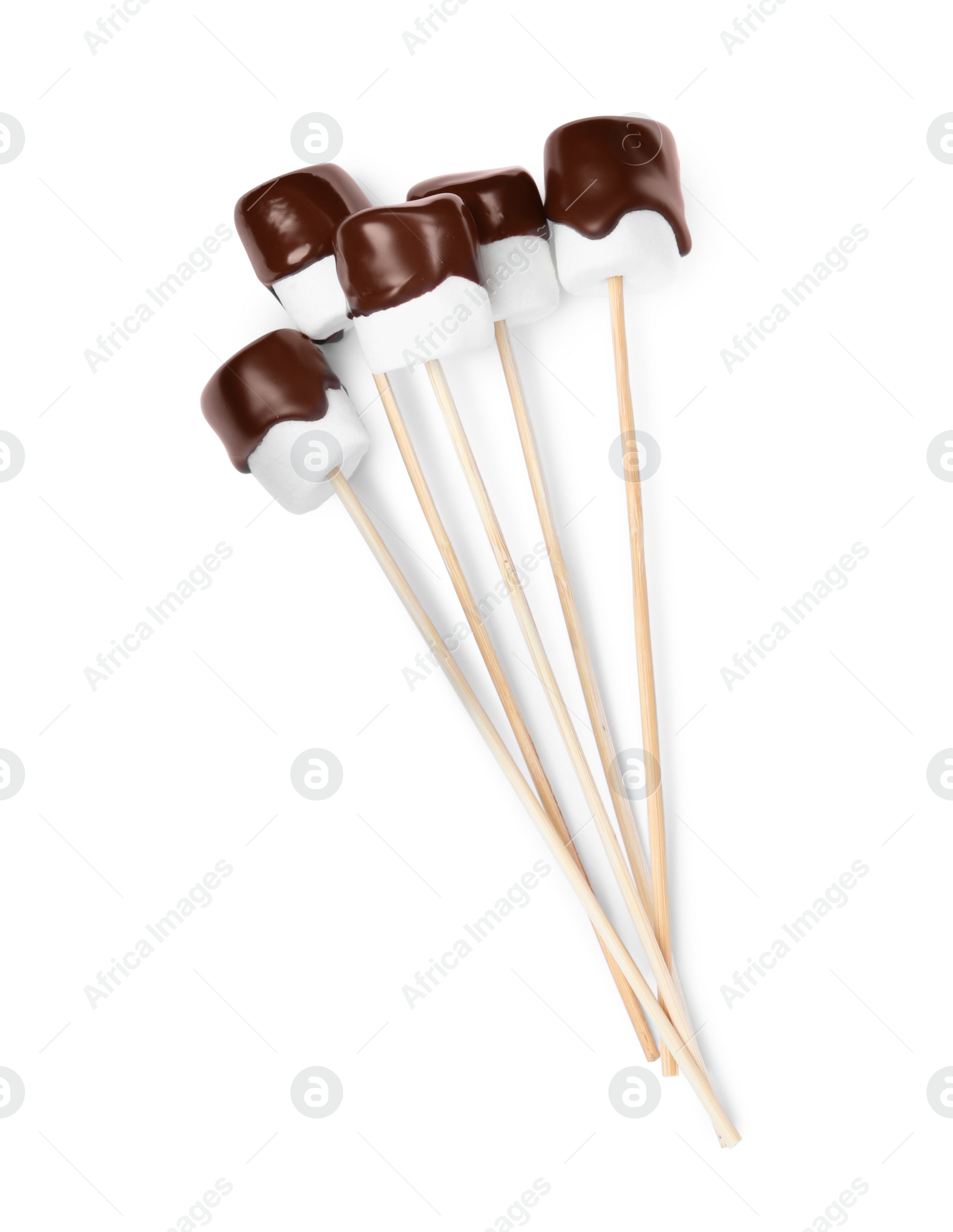 Photo of Tasty marshmallows dipped into chocolate on white background, top view