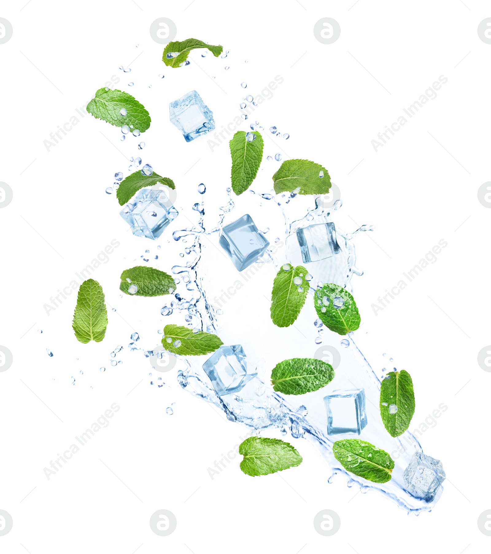 Image of Falling green mint leaves, crystal ice cubes and splash of water on white background