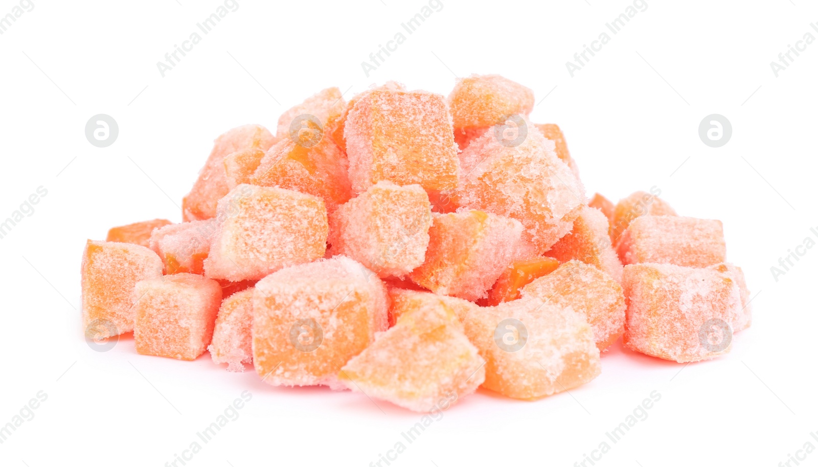 Photo of Pile of frozen carrots isolated on white. Vegetable preservation