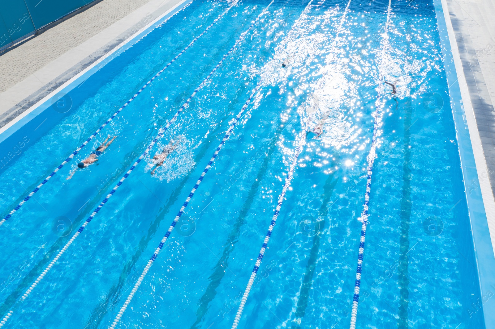 Image of People training in outdoor swimming pool on sunny day 