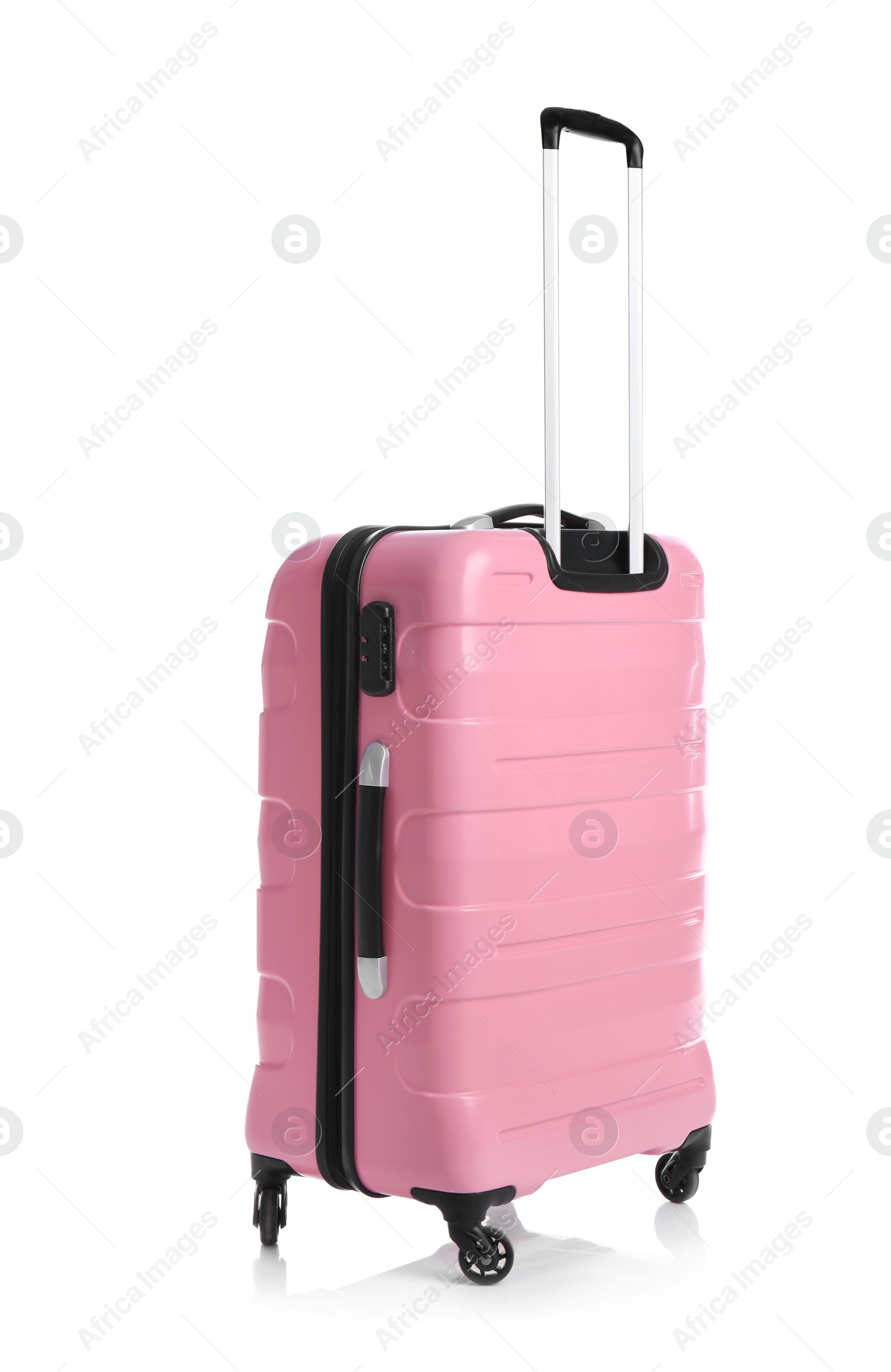 Photo of Trendy pink suitcase on white background