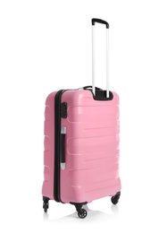 Trendy pink suitcase on white background