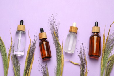 Photo of Flat lay composition with bottles of face serum and beautiful dried plants on violet background