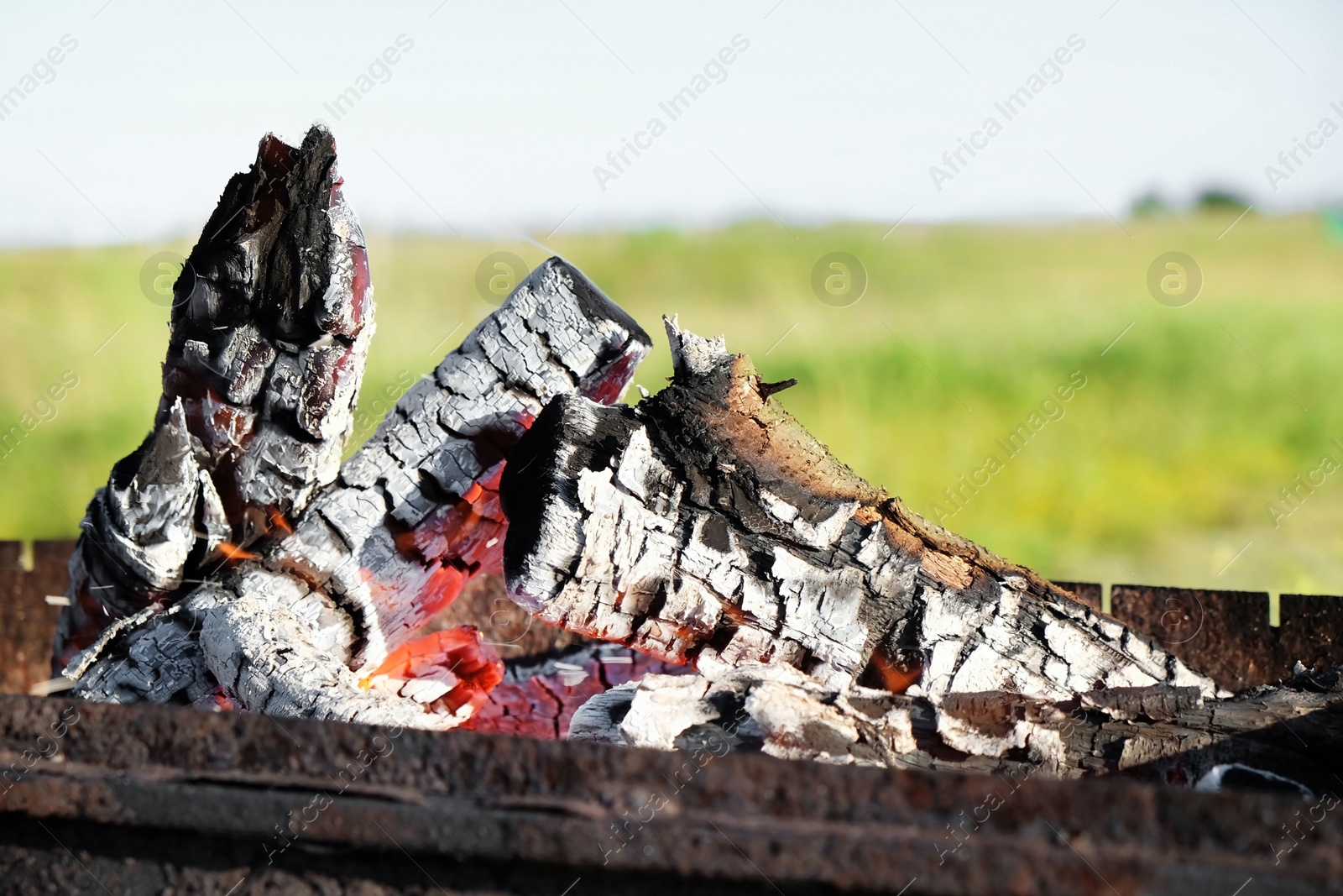 Photo of Metal brazier with burning wood outdoors, closeup